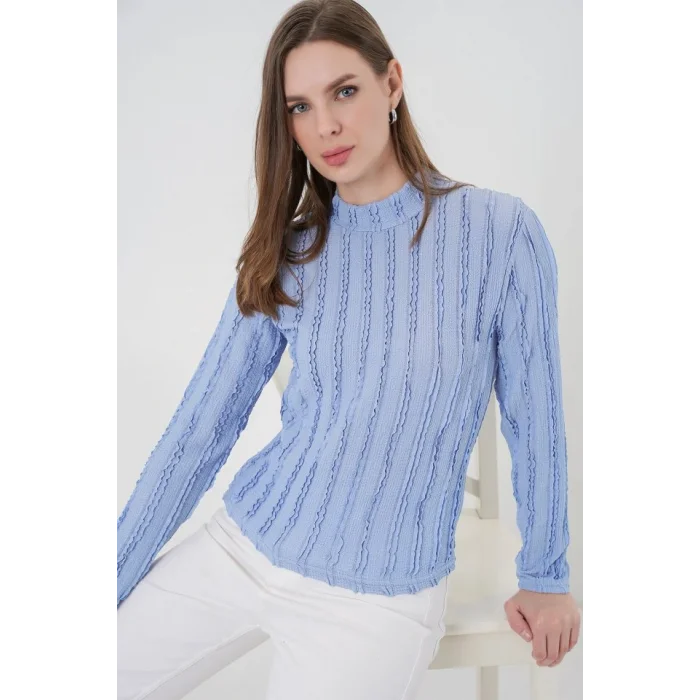 Dokulu Esnek Örme Bluz 975 - Mavi