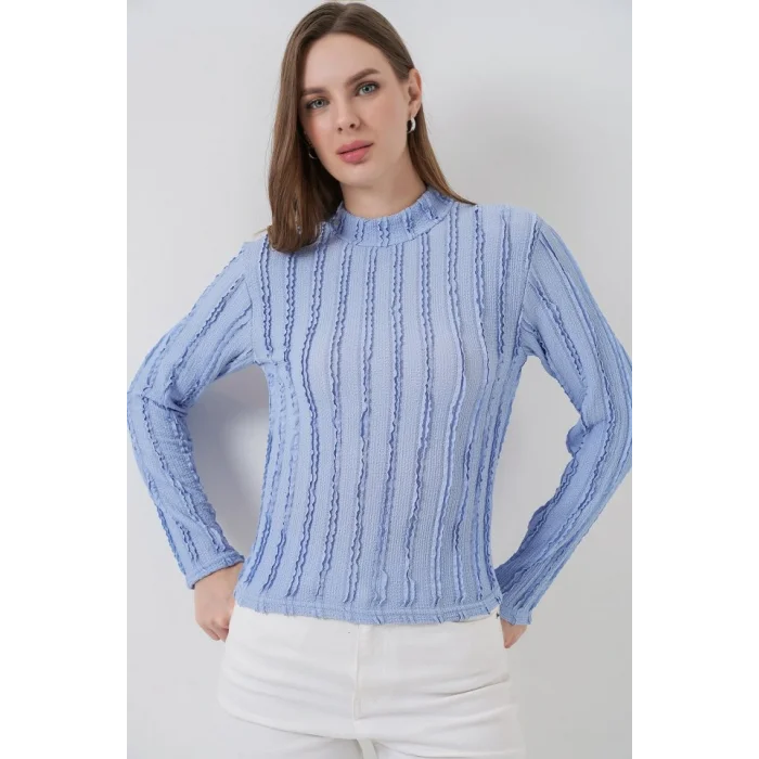 Dokulu Esnek Örme Bluz 975 - Mavi