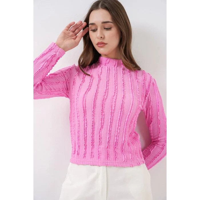 Dokulu Esnek Örme Bluz 975 - Pembe