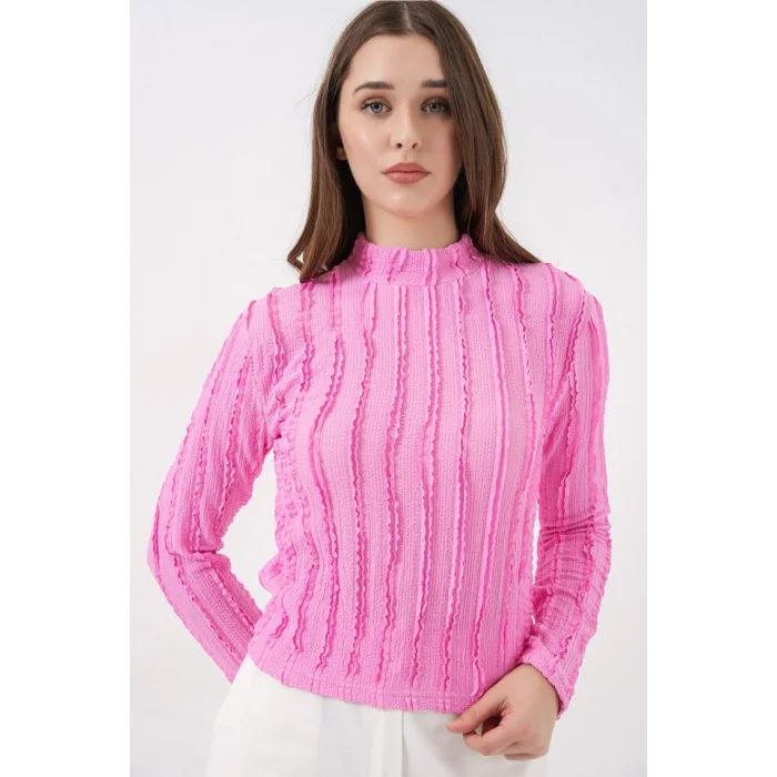 Dokulu Esnek Örme Bluz 975 - Pembe