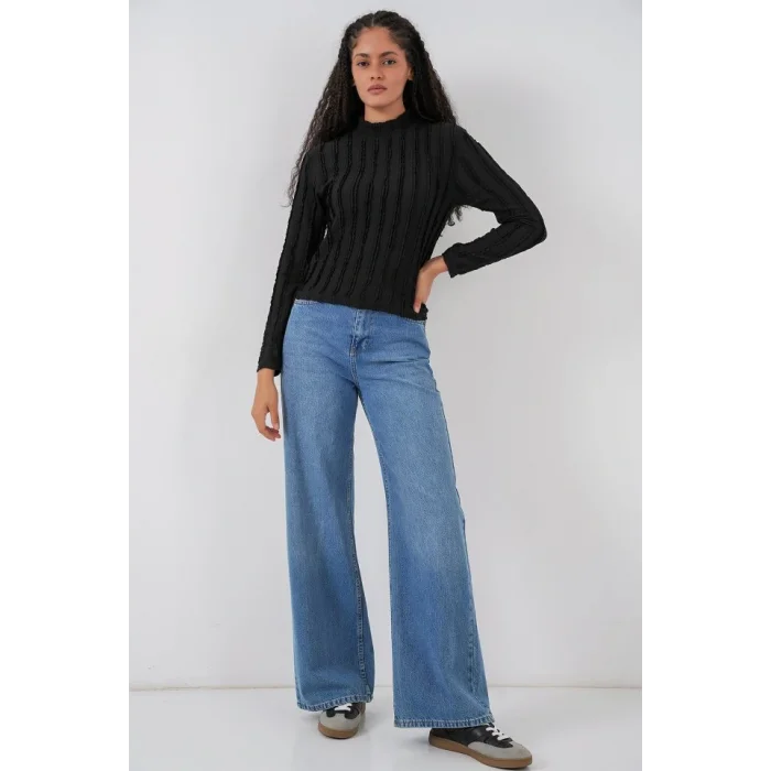 Dokulu Esnek Örme Bluz 975 - Siyah