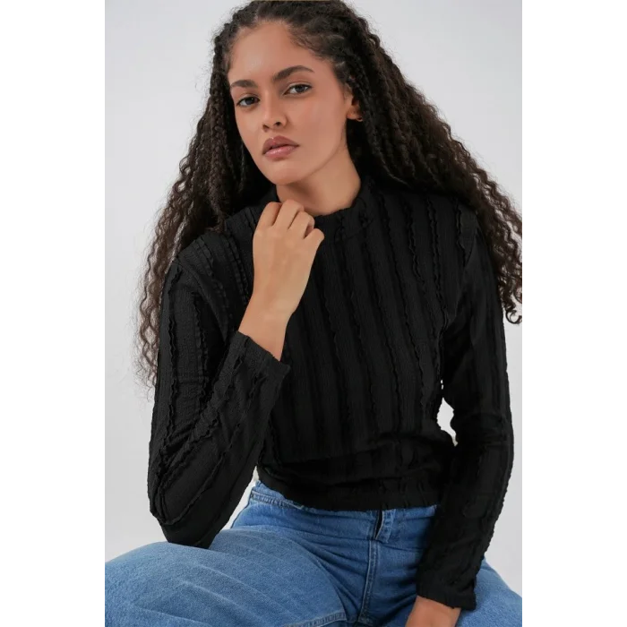 Dokulu Esnek Örme Bluz 975 - Siyah