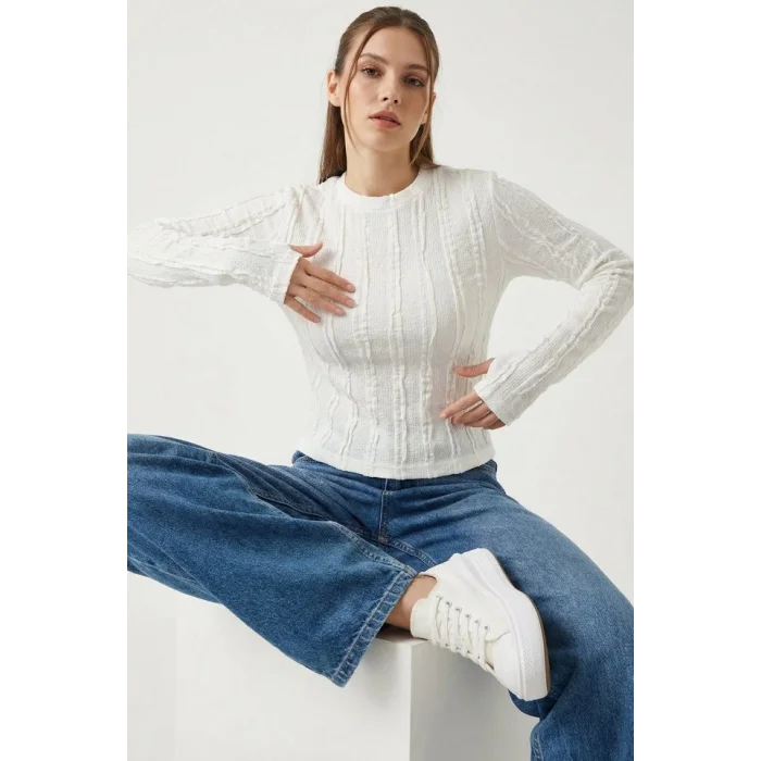 Dokulu Örme Bluz 980 - Beyaz