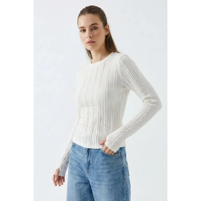 Dokulu Örme Bluz 980 - Beyaz
