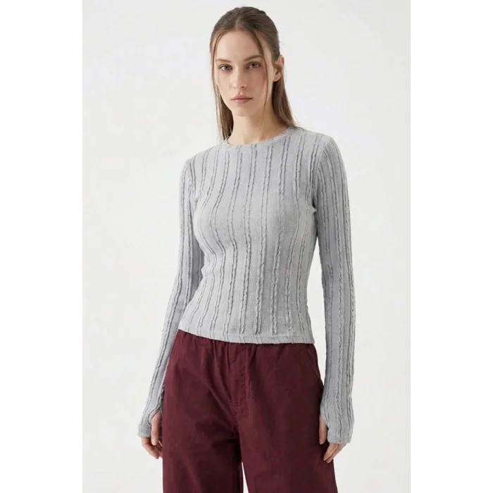 Dokulu Örme Bluz 980 - Gri