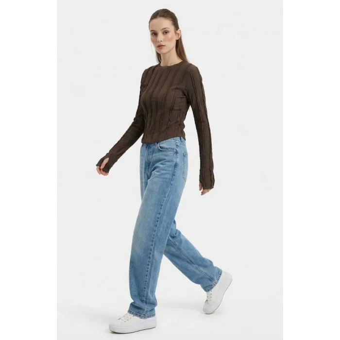 Dokulu Örme Bluz 980 - Kahverengi