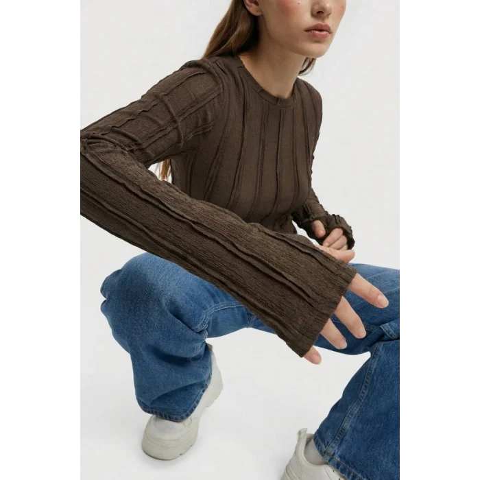 Dokulu Örme Bluz 980 - Kahverengi