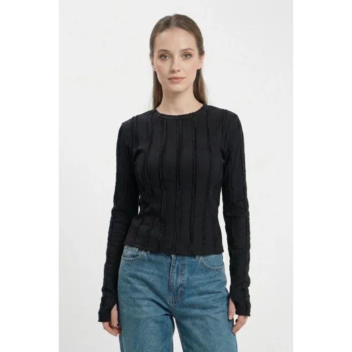 Dokulu Örme Bluz 980 - Siyah