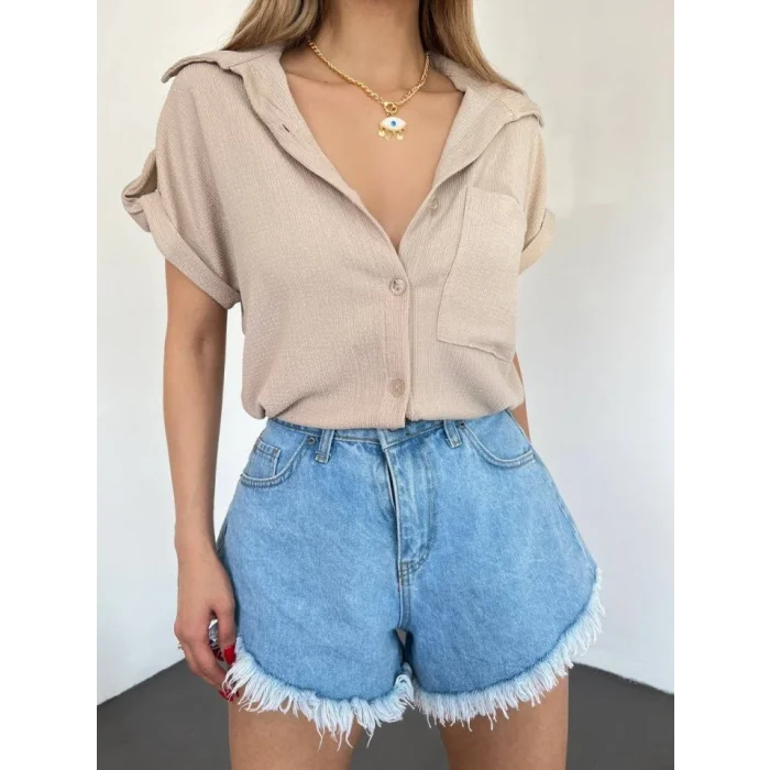 Duble Kol Tek Cepli Bürümcük Gömlek  -Bej