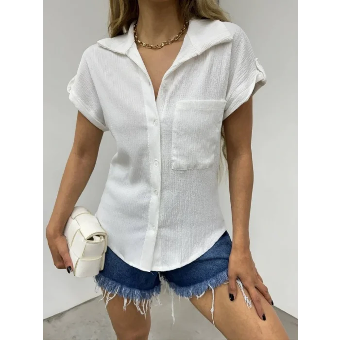 Duble Kol Tek Cepli Bürümcük Gömlek  -Beyaz