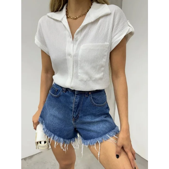 Duble Kol Tek Cepli Bürümcük Gömlek  -Beyaz