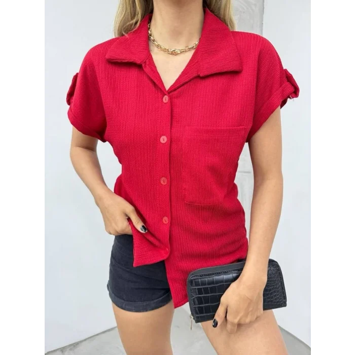 Duble Kol Tek Cepli Bürümcük Gömlek  -Bordo