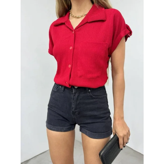 Duble Kol Tek Cepli Bürümcük Gömlek  -Bordo