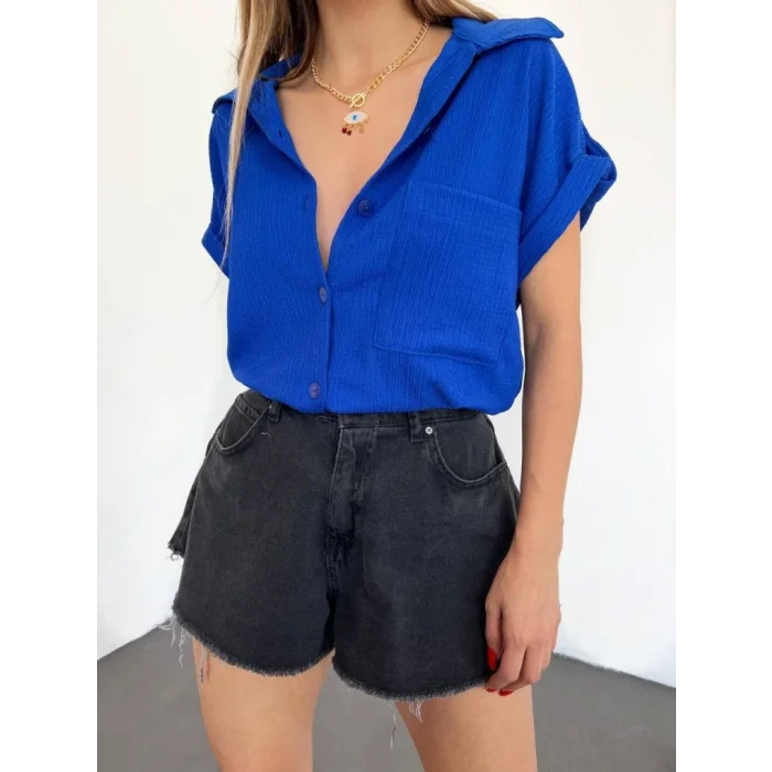 Duble Kol Tek Cepli Bürümcük Gömlek  -Saks