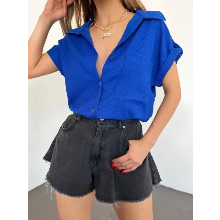 Duble Kol Tek Cepli Bürümcük Gömlek  -Saks