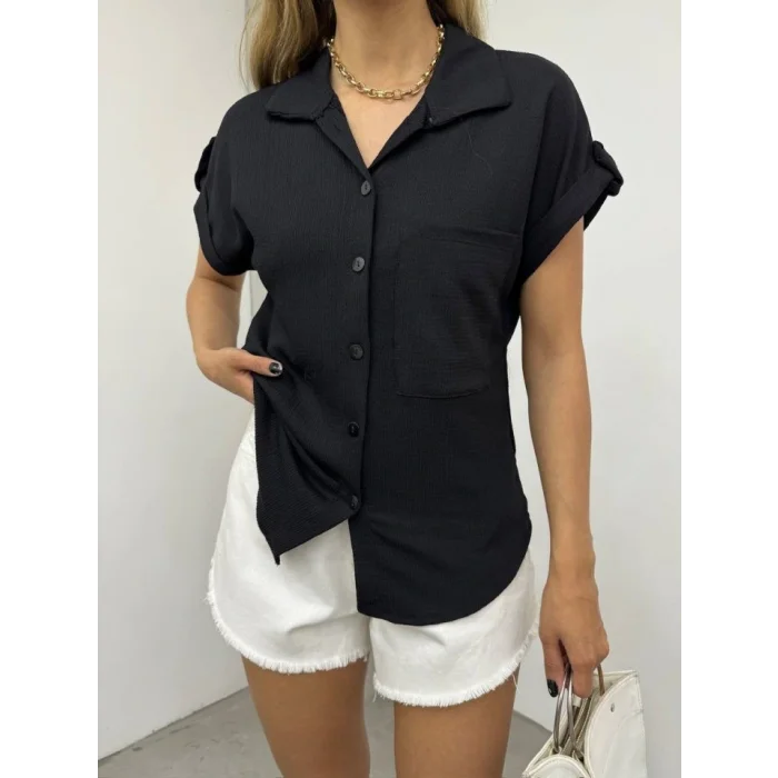 Duble Kol Tek Cepli Bürümcük Gömlek  -Siyah