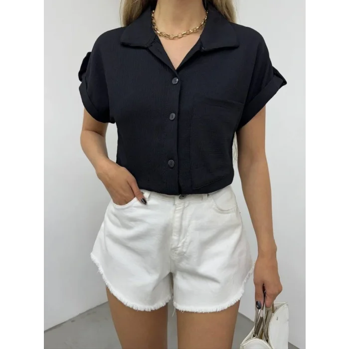 Duble Kol Tek Cepli Bürümcük Gömlek  -Siyah