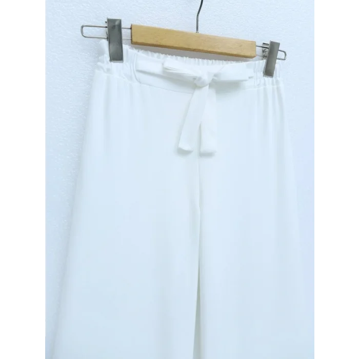 Duble Kumaş Beli Kuşaklı Bol Paça Pantolon  -Beyaz
