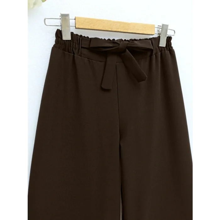 Duble Kumaş Beli Kuşaklı Bol Paça Pantolon  -Kahve
