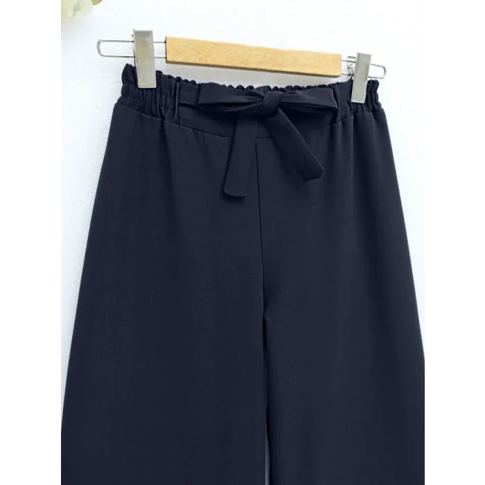 Duble Kumaş Beli Kuşaklı Bol Paça Pantolon -Laci