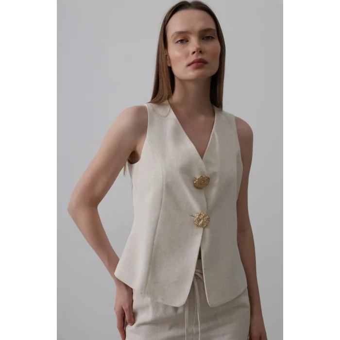 Düğme Detaylı Yelek - Krem