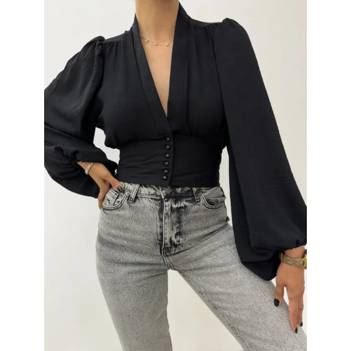 Düğmeli Arkası Lastikli Balon Kol Sandy Crop -Siyah