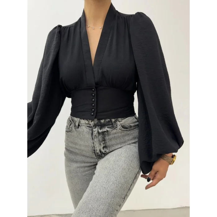 Düğmeli Arkası Lastikli Balon Kol Sandy Crop -Siyah