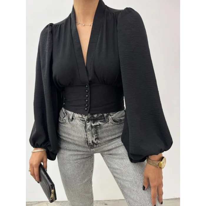 Düğmeli Arkası Lastikli Balon Kol Sandy Crop -Siyah