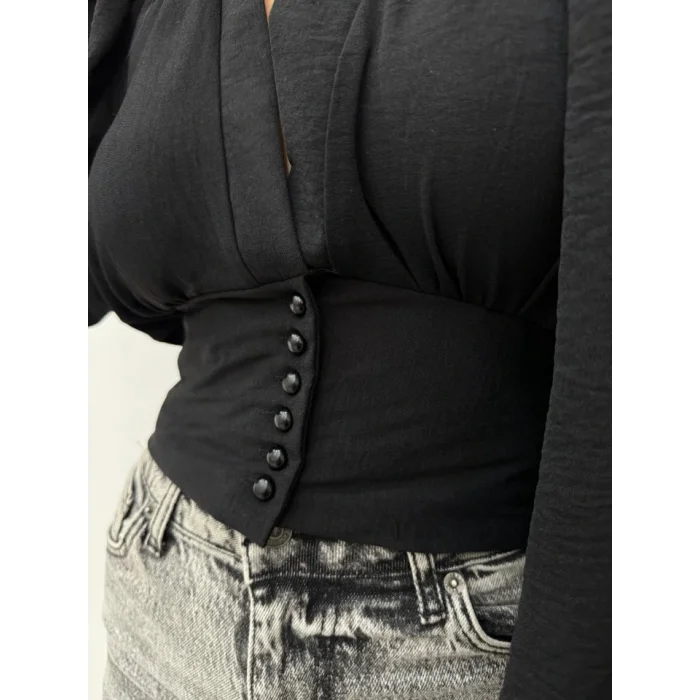 Düğmeli Arkası Lastikli Balon Kol Sandy Crop -Siyah