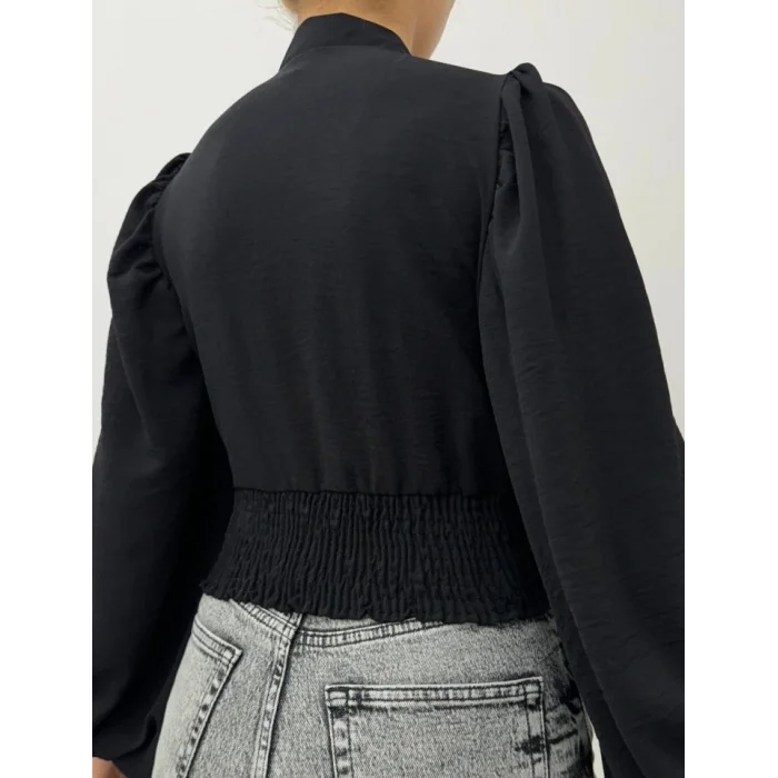 Düğmeli Arkası Lastikli Balon Kol Sandy Crop -Siyah