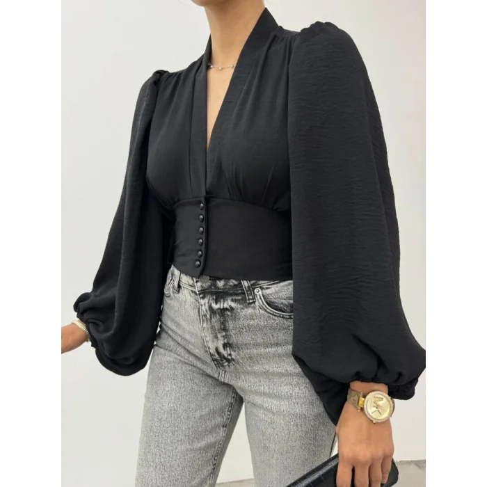 Düğmeli Arkası Lastikli Balon Kol Sandy Crop -Siyah