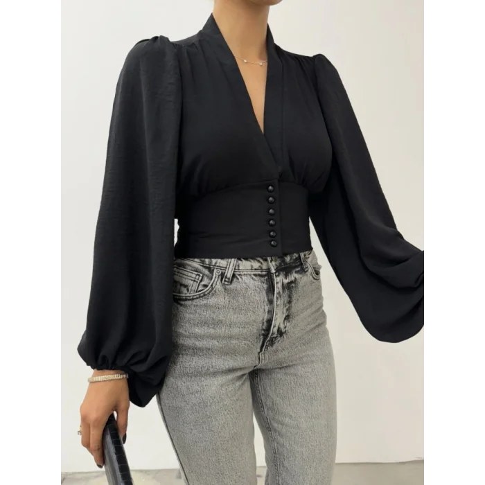 Düğmeli Arkası Lastikli Balon Kol Sandy Crop -Siyah