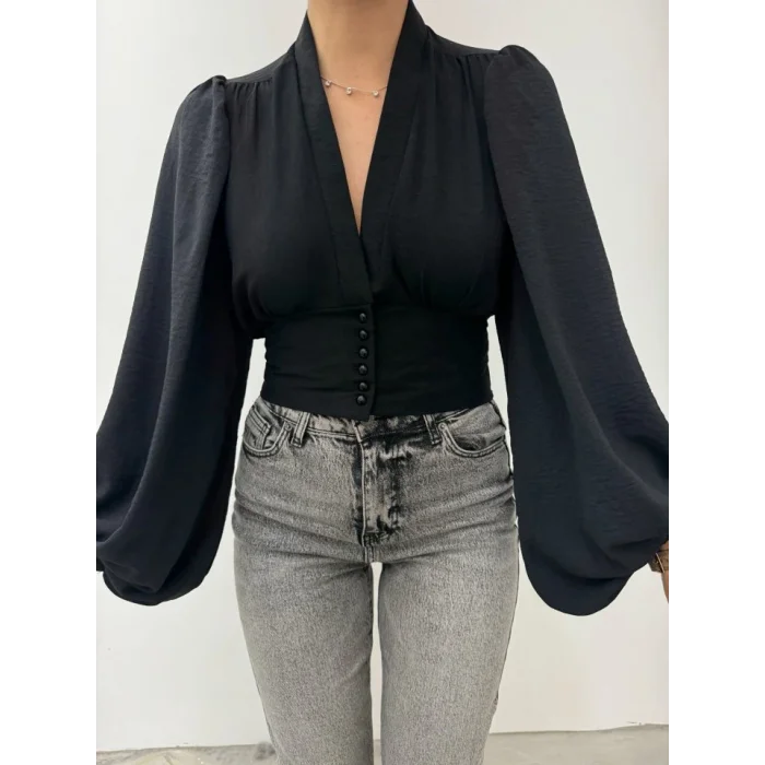Düğmeli Arkası Lastikli Balon Kol Sandy Crop -Siyah