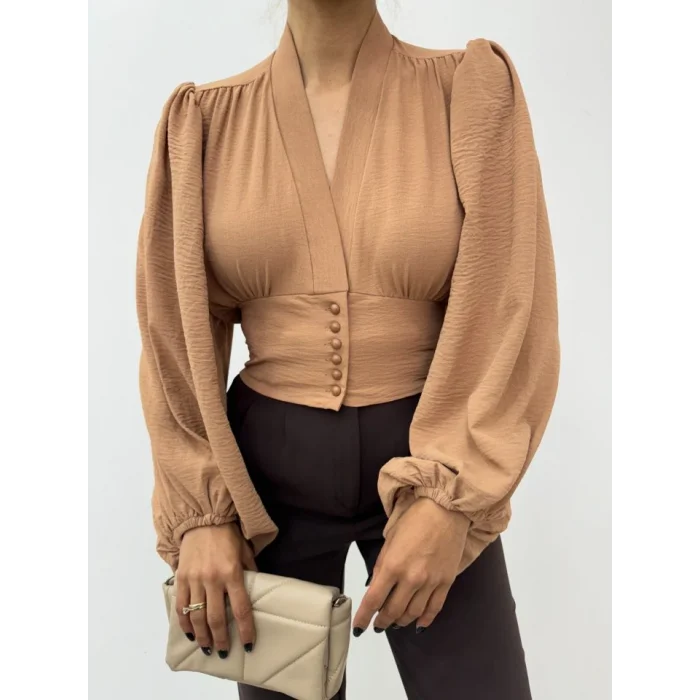 Düğmeli Arkası Lastikli Balon Kol Sandy Crop     -Vizon