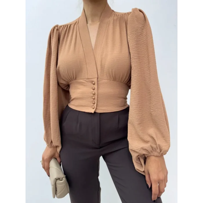 Düğmeli Arkası Lastikli Balon Kol Sandy Crop     -Vizon