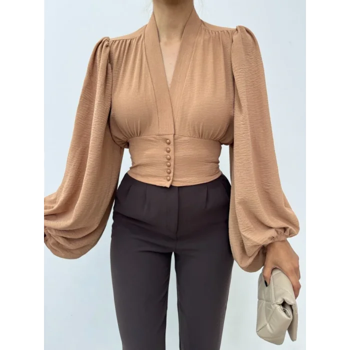 Düğmeli Arkası Lastikli Balon Kol Sandy Crop     -Vizon