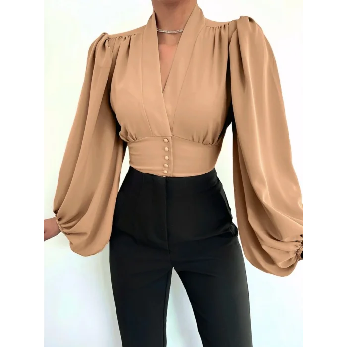 Düğmeli Arkası Lastikli Balon Kol Sandy Crop     -Vizon