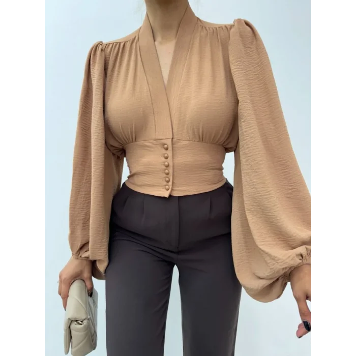 Düğmeli Arkası Lastikli Balon Kol Sandy Crop     -Vizon