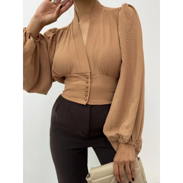 Düğmeli Arkası Lastikli Balon Kol Sandy Crop     -Vizon