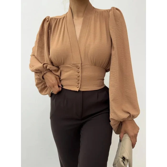Düğmeli Arkası Lastikli Balon Kol Sandy Crop     -Vizon