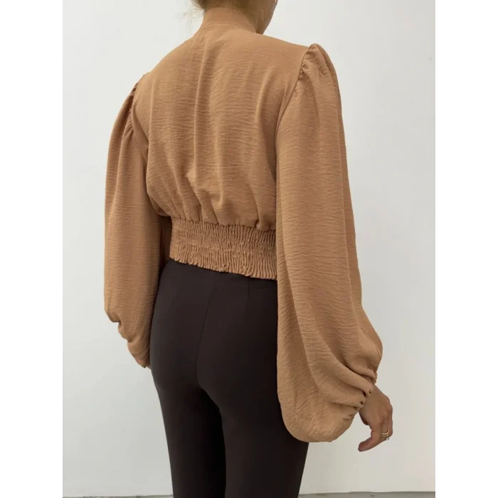 Düğmeli Arkası Lastikli Balon Kol Sandy Crop     -Vizon