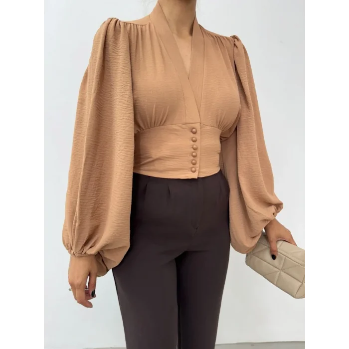 Düğmeli Arkası Lastikli Balon Kol Sandy Crop     -Vizon