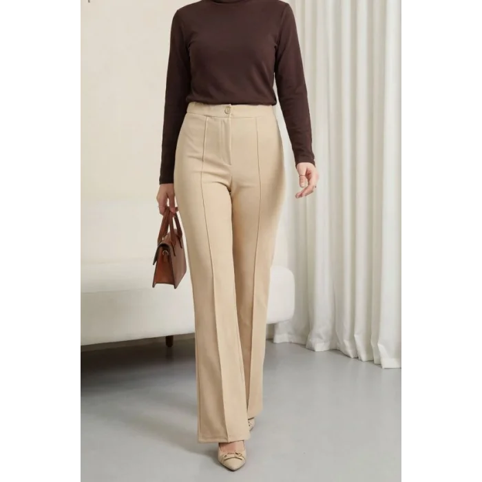 Düğmeli Beli Lastikli Likralı Palazzo Pantolon  -Bej