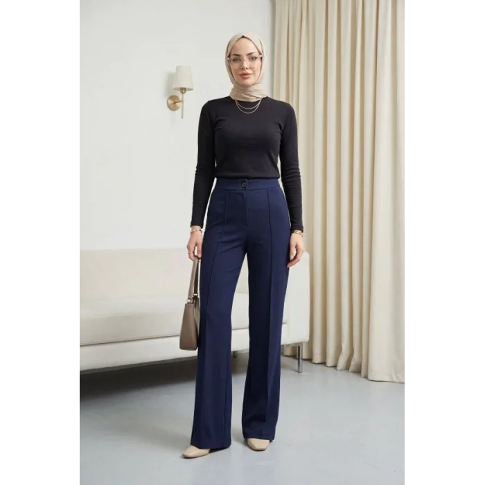 Düğmeli Beli Lastikli Likralı Palazzo Pantolon  -Laci