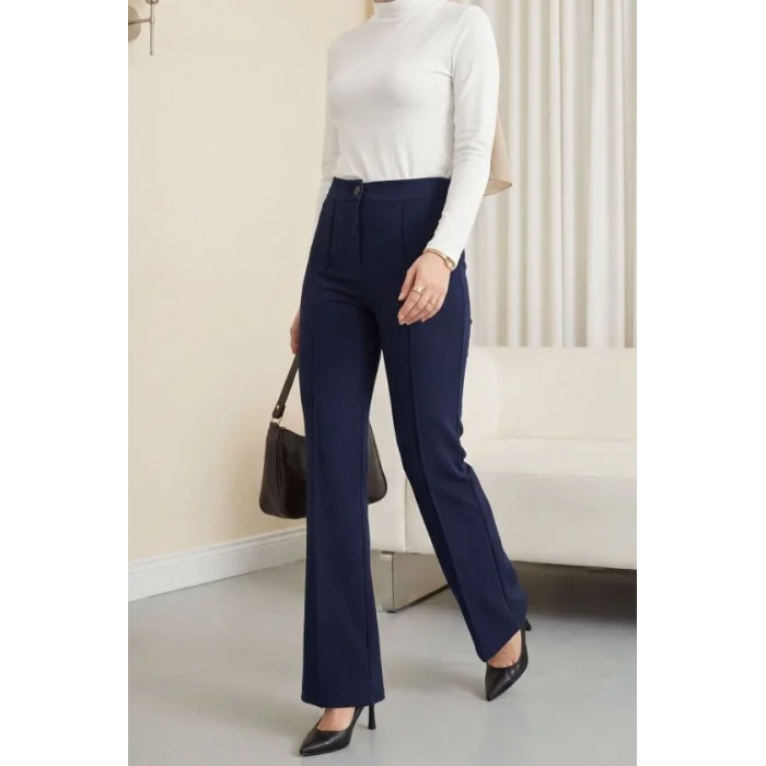 Düğmeli Beli Lastikli Likralı Palazzo Pantolon  -Laci