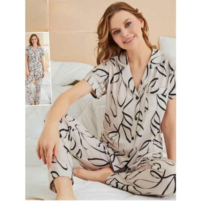 Düğmeli Desenli Viskon Pijama Takımı -Krem