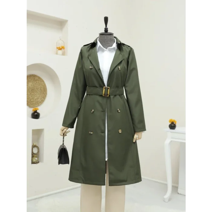 Düğmeli Kemerli Ara Boy Trençkot -Haki