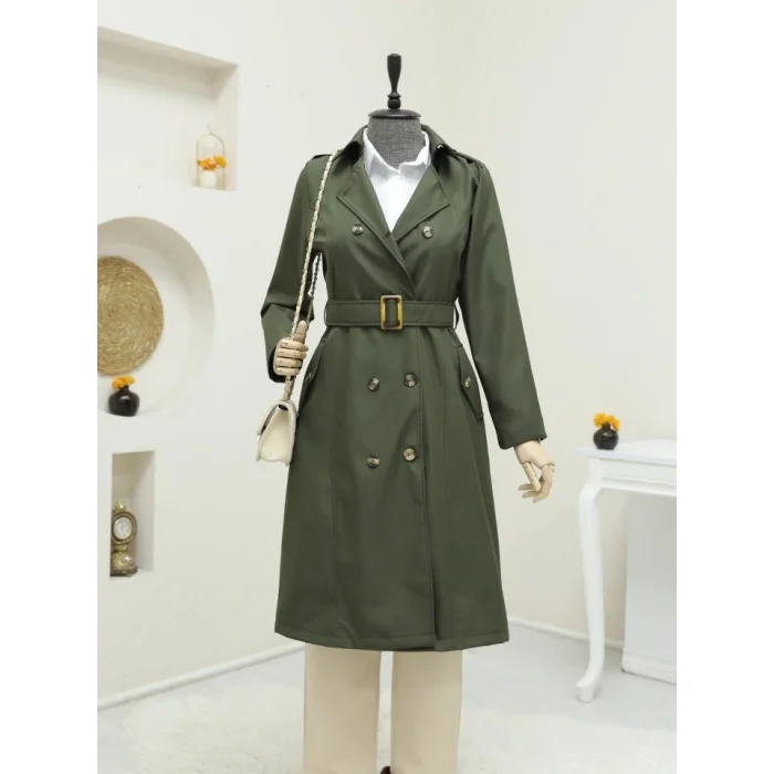 Düğmeli Kemerli Ara Boy Trençkot -Haki