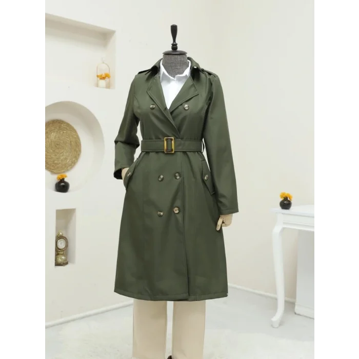 Düğmeli Kemerli Ara Boy Trençkot -Haki