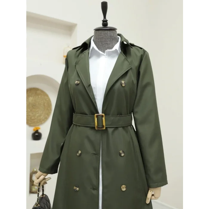 Düğmeli Kemerli Ara Boy Trençkot -Haki